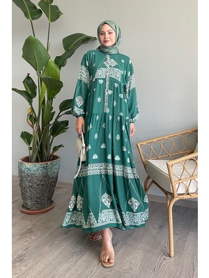 inStyle Retro Etnik Mint Viskon Elbise