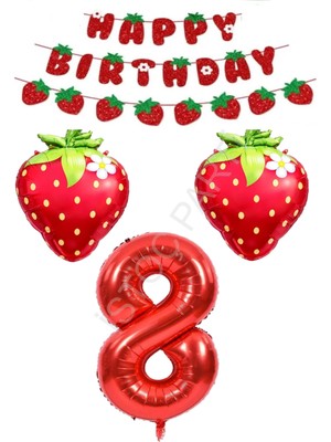 İstoç Parti Happy Bırthday Yazılı Çilek Konsept Folyo Balon Seti Yaş-8