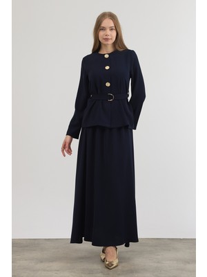 Vavinor Gold Düğme Detaylı Etek Bluz Takım - Lacivert