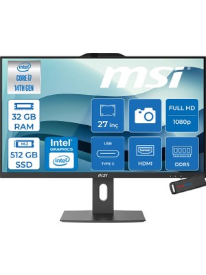 MSI Msı Pro AP272P Intel Core I7 14700 5.4 Ghz 32GB Ddr5 512GB SSD Intel UHD Graphics 770 Windows 11 Pro 27" IPS Fhd 250NITS 14MS All In One Bilgisayar 14MQ864EUP12 + Zetta USB