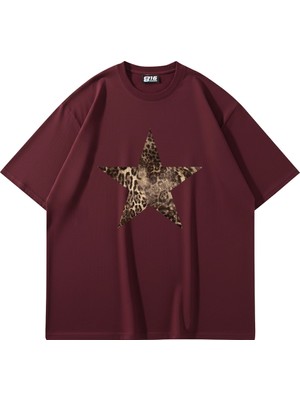Sekizbiraltı Starz Leopar Baskılı 24/1 Oversize Unisex Bordo Tshirt