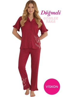 Bie's Kadın Bordo Çiçek Desenli Gömlek Yaka Önden Düğme Viskon Kısa Kol Pijama Takımı