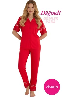 Seamlife Kadın Kırmızı Yaprak Desenli Dantel Detaylı Gömlek Yaka Önden Düğme Viskon Kısa Kol Pijama Takımı