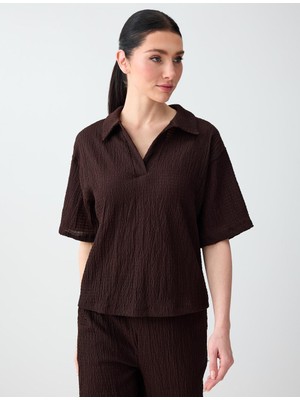 Jimmy Key Acı Kahve Rahat Kesim Kısa Kollu Polo Yaka Örme Bluz