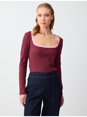 Jimmy Key Bordo Düz Kesim Uzun Kollu U Yaka Örme Bluz