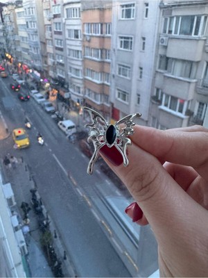 Herşey Nota Gotik Siyah Kelebek Kadın Ayarlanabilir Siyah Detaylı Gümüş Yüzük