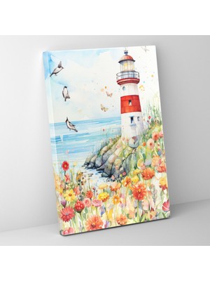 Popcas Deniz Feneri Duvar Sanatı Canlı Çiçekler Sulu Boyama