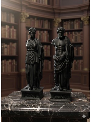 2'li Antik Yunan Heykel Seti - 20 cm Dekoratif Büst Biblo - Siyah