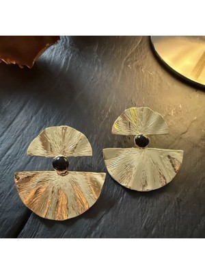 Bimia Golden Fan Noir Pirinç El Yapımı Küpe