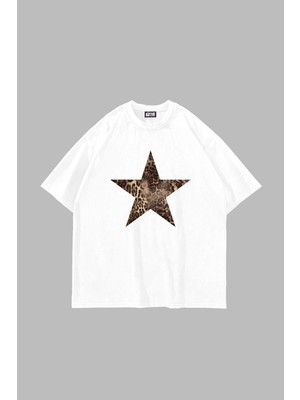 Sekizbiraltı Starz Leopar Baskılı 24/1 Oversize Unisex Beyaz Tshirt