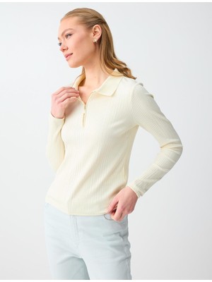 Jimmy Key Açık Sarı Polo Yaka Çizgili Uzun Kollu Örme Bluz