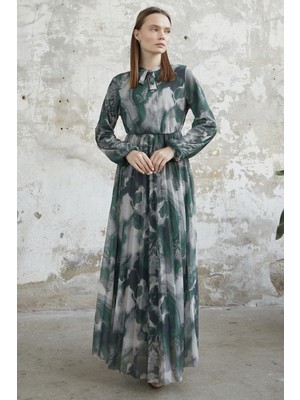 inStyle Yakası Kuşaklı Tüllü Yeşil Elbise