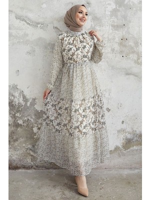 inStyle Nessa Çiçekli Kuşaklı Şifon Elbise - Kahverengi