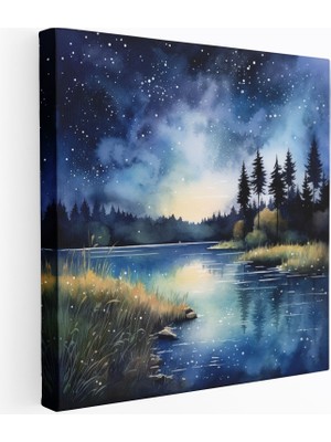Popcas Lacivert Gece Gökyüzü Kanvas Tablo Sakin Göl Huzur Teması