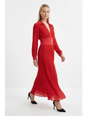 Rays Kırmızı V Yaka Bel Detay Elbise 252732