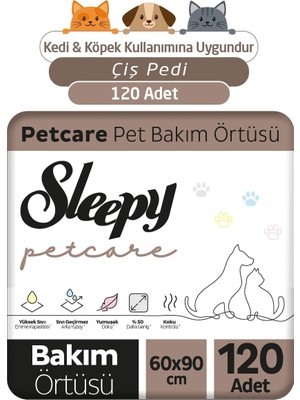 Sleepy Petcare 60X90 cm Pet Bakım Örtüsü 120 Adet Yüksek Sıvı Kapasitesi ile Hassas Ciltler İçin
