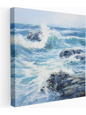 Popcas Izlenimci Deniz Mavisi Manzara Kanvas Tablo Dalgalar ve Kayalar Teması