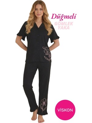 Bie's Kadın Siyah Çiçek Desenli Gömlek Yaka Önden Düğme Viskon Kısa Kol Pijama Takımı