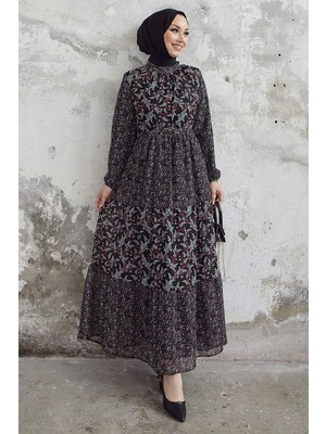 inStyle Nessa Çiçekli Kuşaklı Şifon Elbise - Siyah