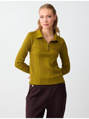 Jimmy Key Yağ Yeşili Polo Yaka Çizgili Uzun Kollu Örme Bluz