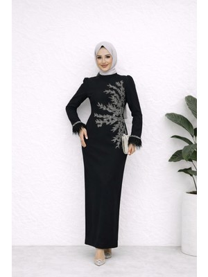 MayaBella Önü Işlemeli Kalem Tesettür Abiye Siyah