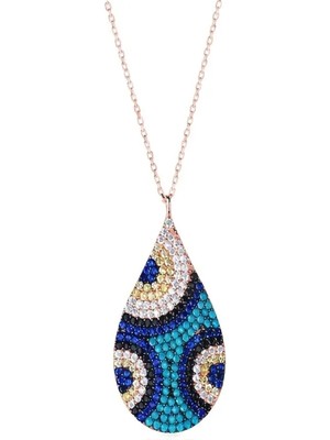 Afrodit Silver Roze Rengi Damla Nazar Desenli Taşlı 925 Ayar Gümüş Kolye