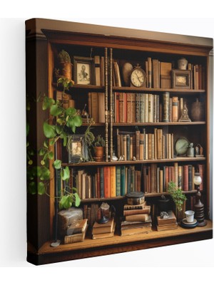 Popcas Nostaljik Duvar Sanatı Vintage Kitaplık Kanvas Tablo