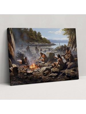 Popcas Mezolitik Günlük Yaşam Dekoratif Tablo / Duvar Sanatı / Kanvas Duvar Tablosu