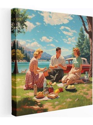 Popcas Nostaljik Retro Tarzı Kanvas Tablo Aile Pikniği Illüstrasyonu