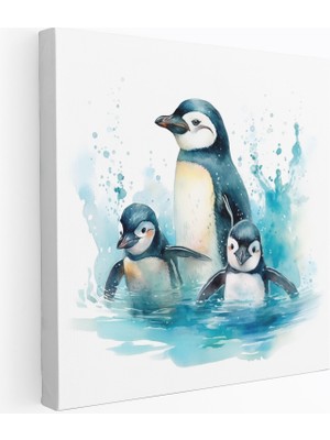 Popcas Sevimli Penguen Ailesi Suluboya Kanvas Tablo
