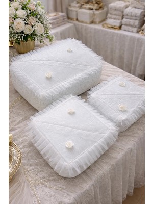 Dilex 3'lü Hurç Set Çeyizlik Bohça Gelin Bohçası Damat Bohçası İğne Oyalı Kdk Ekru