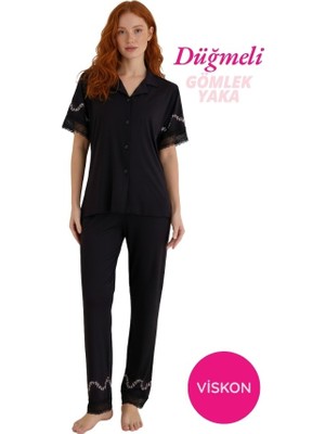 Bie's Kadın Siyah Yaprak Desenli Dantel Detaylı Gömlek Yaka Önden Düğme Viskon Kısa Kol Pijama Takımı