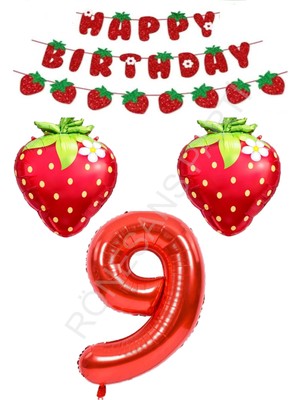 Rönesans Parti Happy Bırthday Yazılı Çilek Konsept Folyo Balon Seti Yaş-9
