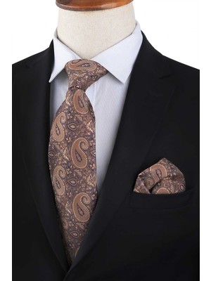 Kravatkolik Sarı Şal Desen Mendilli Klasik Kravat %100 Mikrofiber Çok Renkli Standart Beden