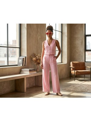 Gizelia Pembe Keten Çizgili Yelek Pantolon Harika Yazlık Takım