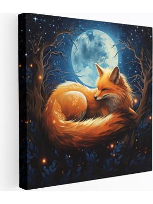 Popcas Kreş Kanvas Tablo Uykulu Tilki ve Gece Gökyüzü Parlayan Ay