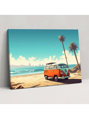 Popcas Retro Tarzı Sörf Vanı Duvar Süsü Plaj Temalı Illüstrasyon