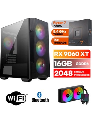 MSI Şafak-Gaming Pc Ddr5-Ryzen 7 7700X-RX 9060XT 16GB- 16 GB Ddr5 Ram-1 Tb Nvme 5000 4000-WİN11PRO-240MM Sıvı Sogutma-