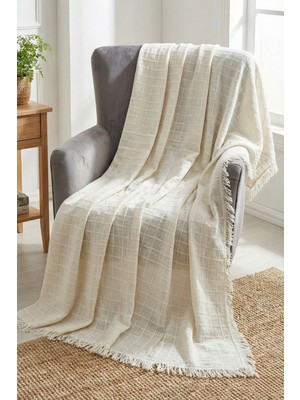 Morlay Cozy | Tekli Koltuk Örtüsü Buldan Bezi Püsküllü Ekru 180X180 cm