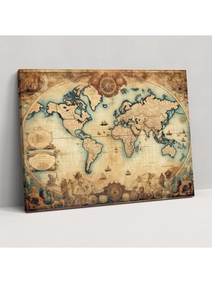 Popcas Eski Dünya Haritası Duvar Sanatı - Dünya Haritası Eskimiş Kağıt Dokusu Kanvas Tablo Sanatı Duvar Sanatı