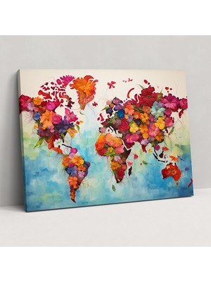 Popcas Dünya Haritası Duvar Tablosu - El Boyaması Elementlerle Zenginleştirilmiş Duvar Dekorasyonu Için Dünya Haritası