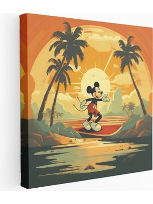 Popcas Retro Sörf Yapan Mickey Mouse Kanvas Tablo