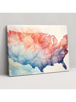 Popcas Amerika Haritası Soyut Suluboya Duvar Sanatı Soft Pastel Tonlar Ev Dekorasyonu