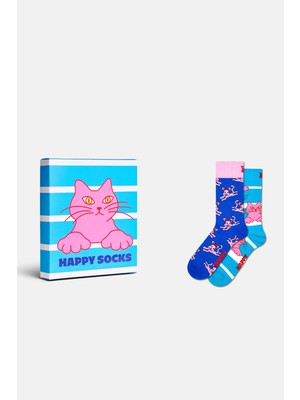 Happy Socks - Çok Renkli Kedi Desenli 2\'li Pamuklu Çorap Seti
