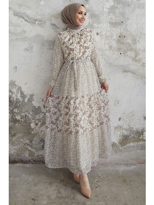 inStyle Nessa Çiçekli Kuşaklı Şifon Elbise - Pudra