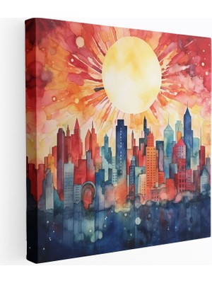 Popcas Şafak Duvar Dekorasyonu - Soyut Şehir Manzarası Kanvas Tablo - Şafak Soyut Resim Kent Suluboya