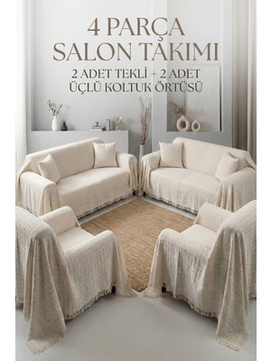 Morlay Cozy | 4'lü Koltuk Örtüsü Seti (2 Adet Üçlü + 2 Adet Tekli) Buldan Bezi Püsküllü Ekru