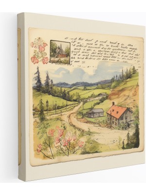 Popcas Vintage Bir Posta Kartı Köy Manzarası Kanvas Tablo - Köy Nostalji Ev Dekorasyonu Duvar Sanatı