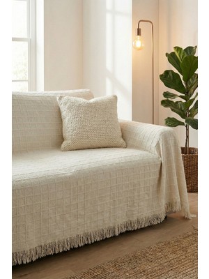 Morlay Cozy | Üçlü Koltuk Örtüsü Buldan Bezi Püsküllü Ekru 180X220 cm
