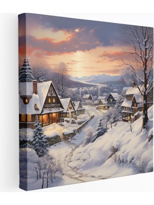 Popcas Kış Köyü Kanvas Tablo - Gerçekçi Karlı Resim Duvar Sanatı - Köy Duvar Dekorasyonu Nostalji